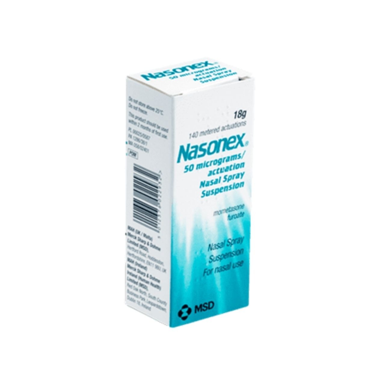 Box and bottle of Nasonex Nasal Spray for hayfever relief