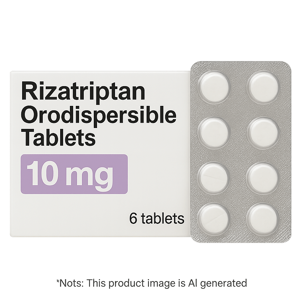 Box of Rizatriptan tablets used to treat migraines